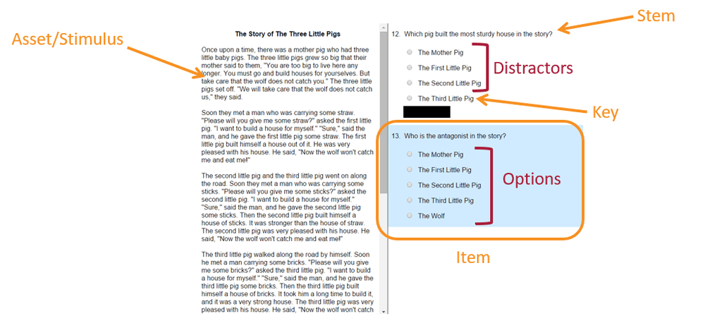 Parts of an item - stem options distractor